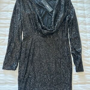 Fashion Nova Cowl Neck Sequin Long Sleeve Party Dress - Black